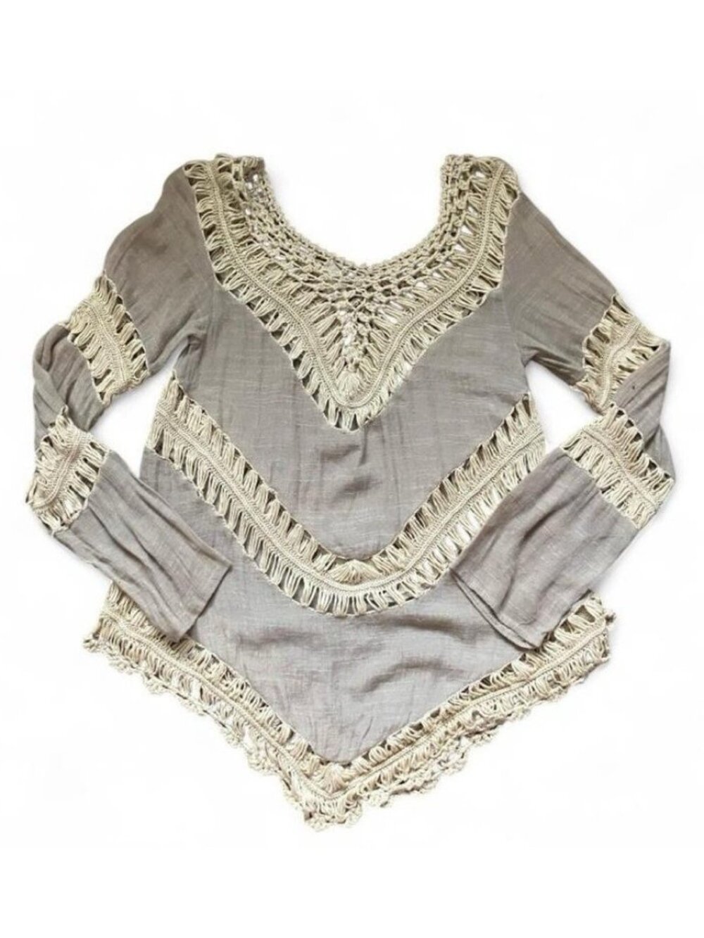 Umgee Boho Crochet Fringe Tunic Top Size S Taupe Beige Cotton Blend
